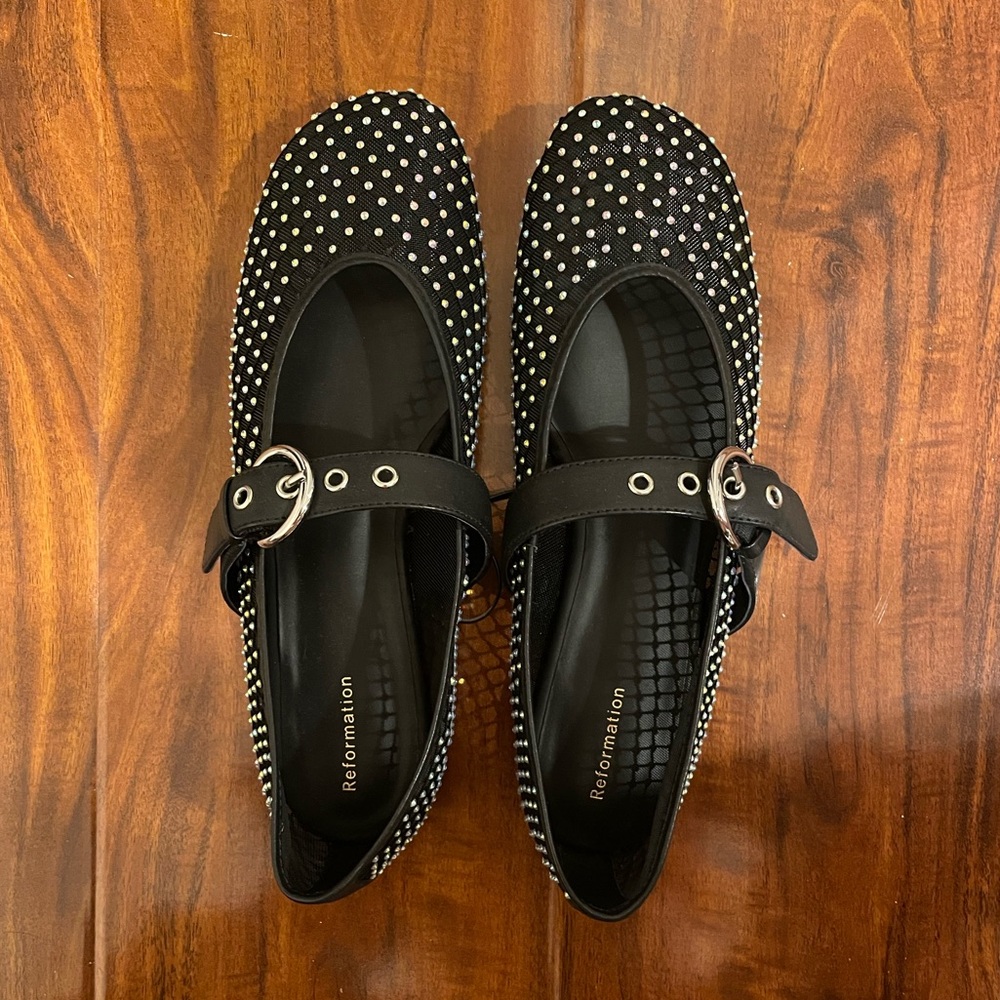 NWOT Reformation Bethany Black Rhinestone Mesh Ballet Flats - Picture 4 of 7